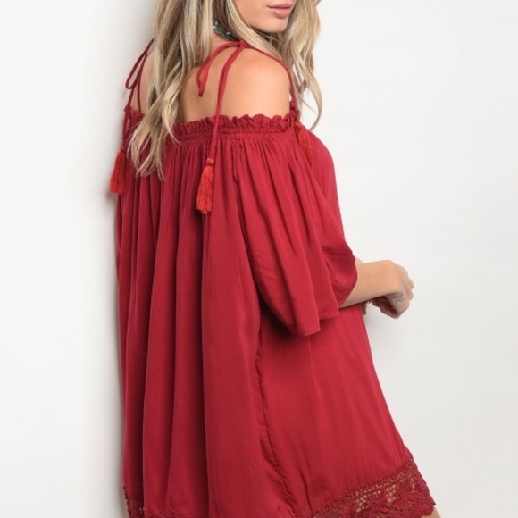 Red Wine Tassel Off Shoulder Dress - Picture 3 of 6